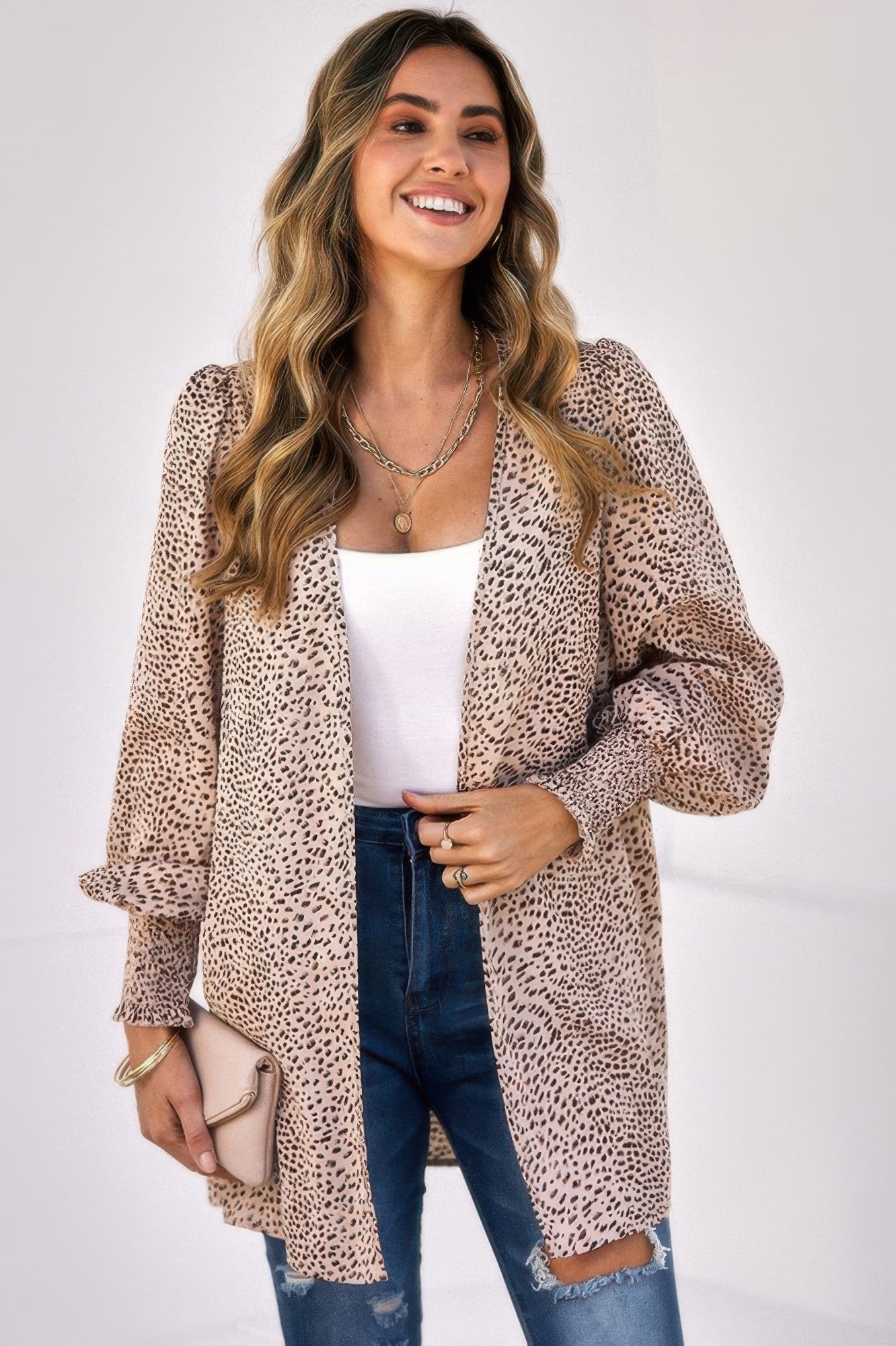 CCWHOLESALECLOTHING model wearing leopard print front open top over white tank and jeans