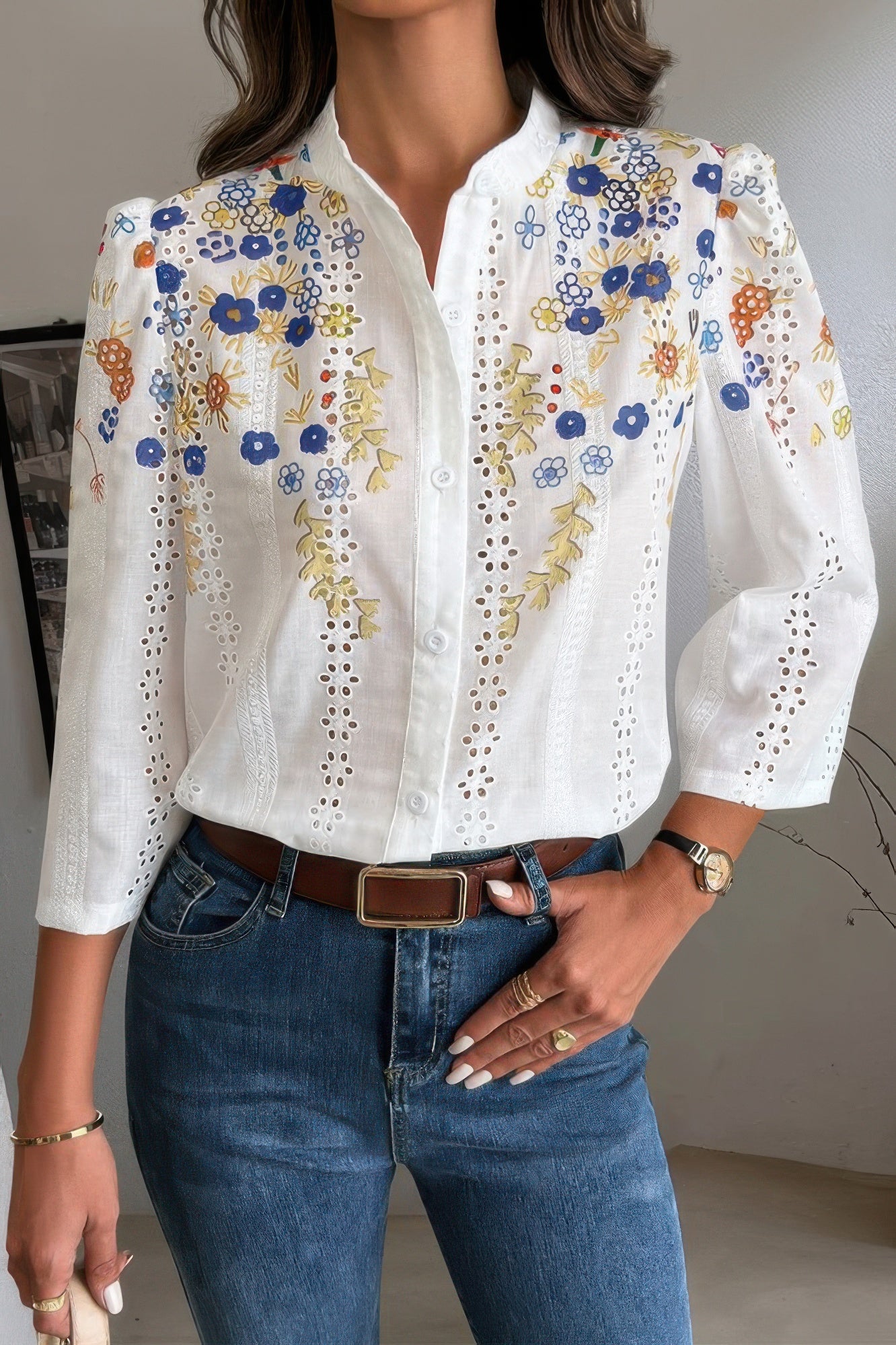 Long Sleeve Blouse white eyelet embroidered with blue and yellow floral design button front mandarin collar