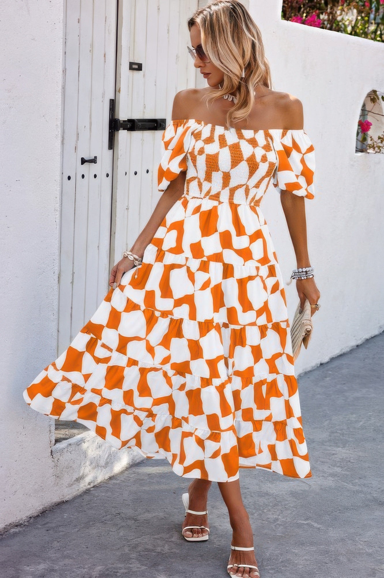 CCWHOLESALECLOTHING off shoulder ruched ruffle dress orange white geometric midi with smocked bodice and tiered skirt