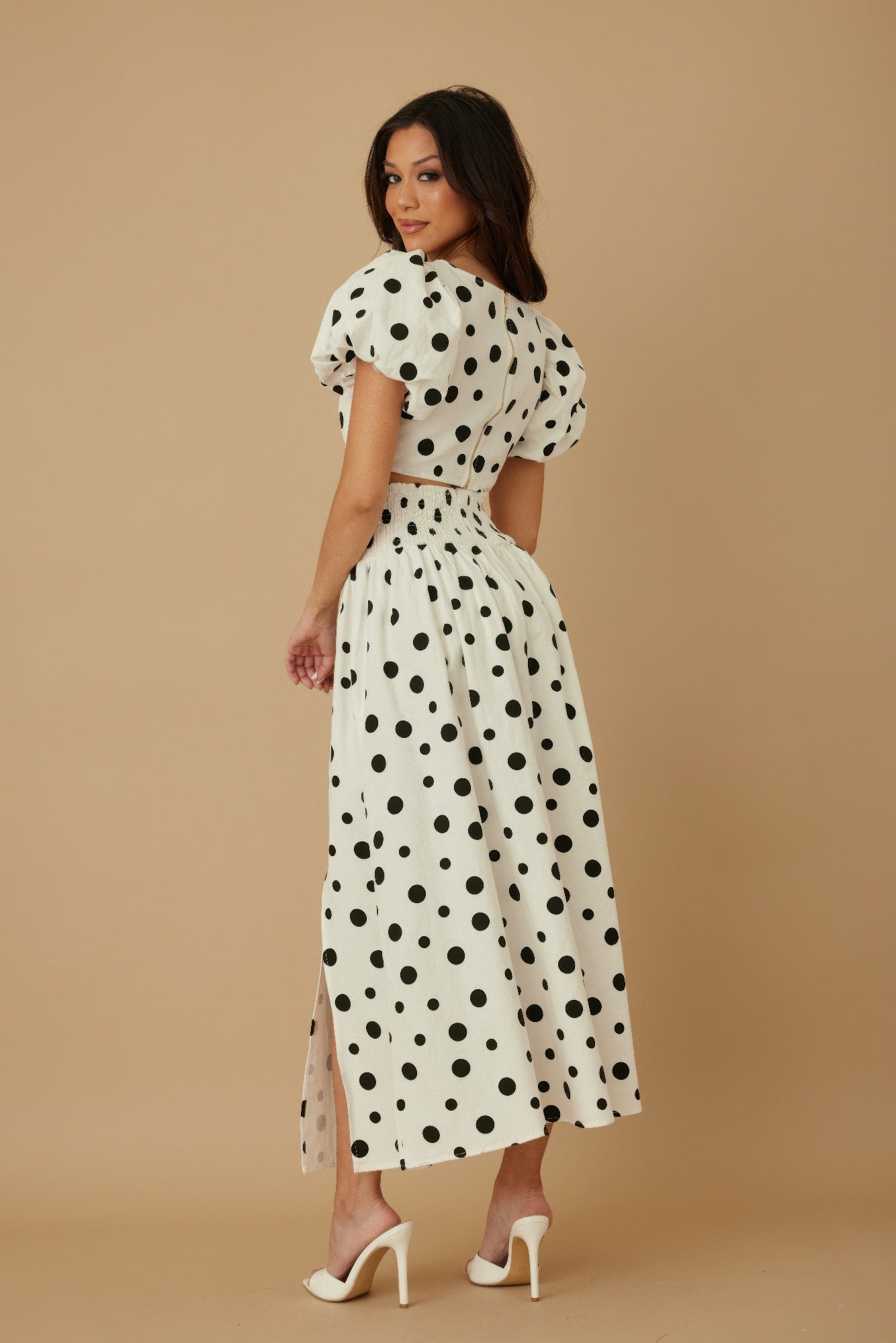 CCWHOLESALECLOTHING polka dot two piece set white midi skirt with side slit and puff sleeve crop top