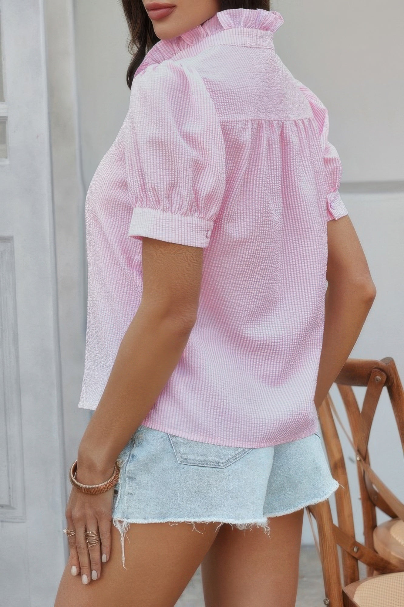 CCWHOLESALECLOTHING pink stripe button down ruffle shirt with puff sleeves and frayed denim shorts