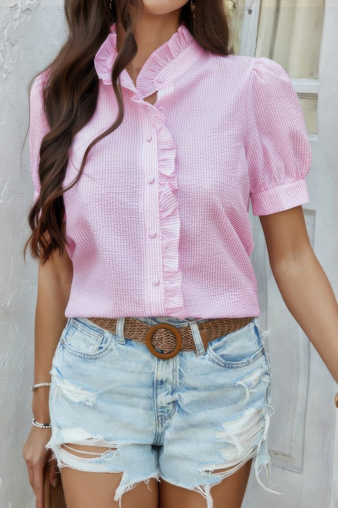 CCWHOLESALECLOTHING pink stripe button down ruffle shirt puff sleeves ruffled collar paired with distressed denim shorts