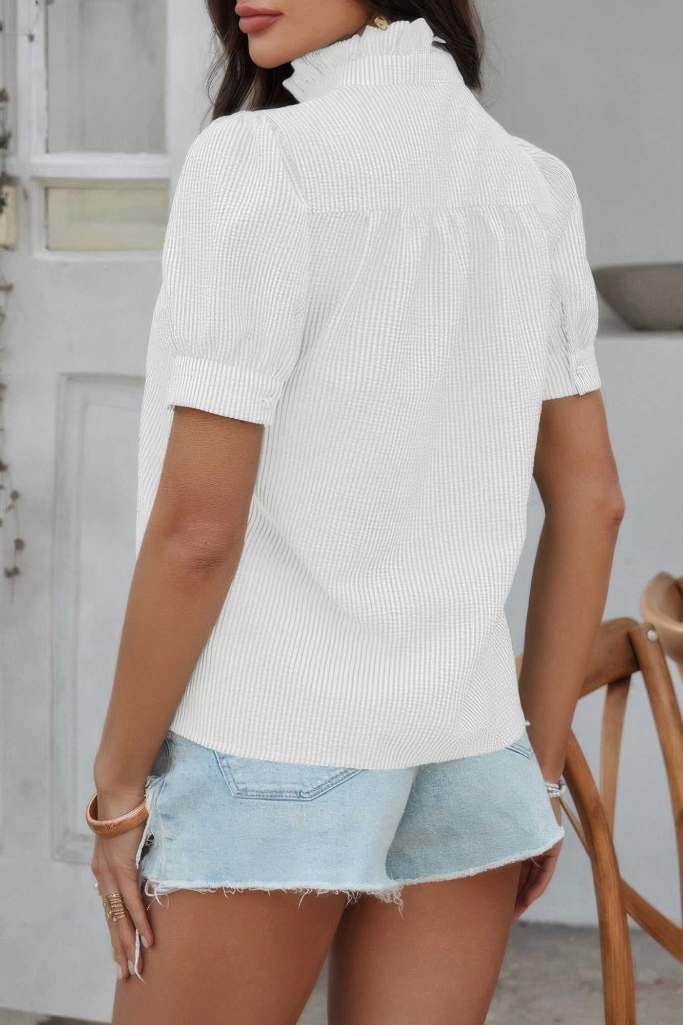 CCWHOLESALECLOTHING stripe button down ruffle shirt white pinstripe short sleeve back view with denim shorts