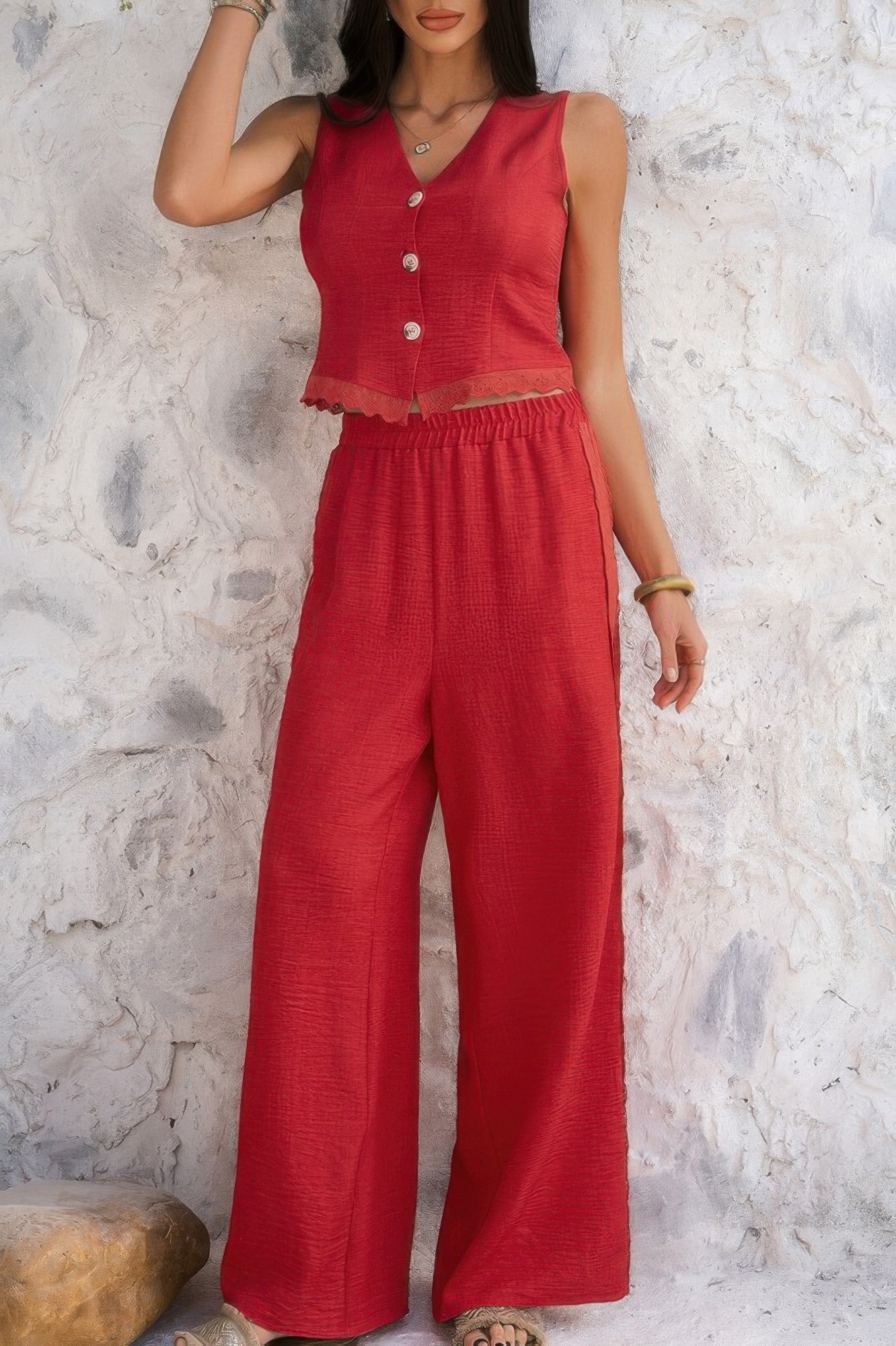 CCWHOLESALECLOTHING red sleeveless V neck button crop top with lace hem and matching wide leg pants solid two piece lace hem set