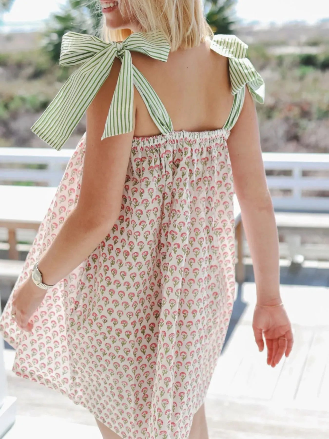 Trendsi Tie Shoulder Summer Dress with green striped bow straps and pink floral print loose sundress back view