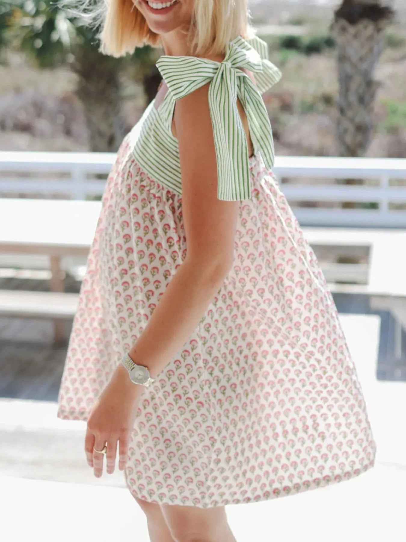 Trendsi Tie Shoulder Summer Dress with green striped shoulder ties and pink floral print babydoll silhouette