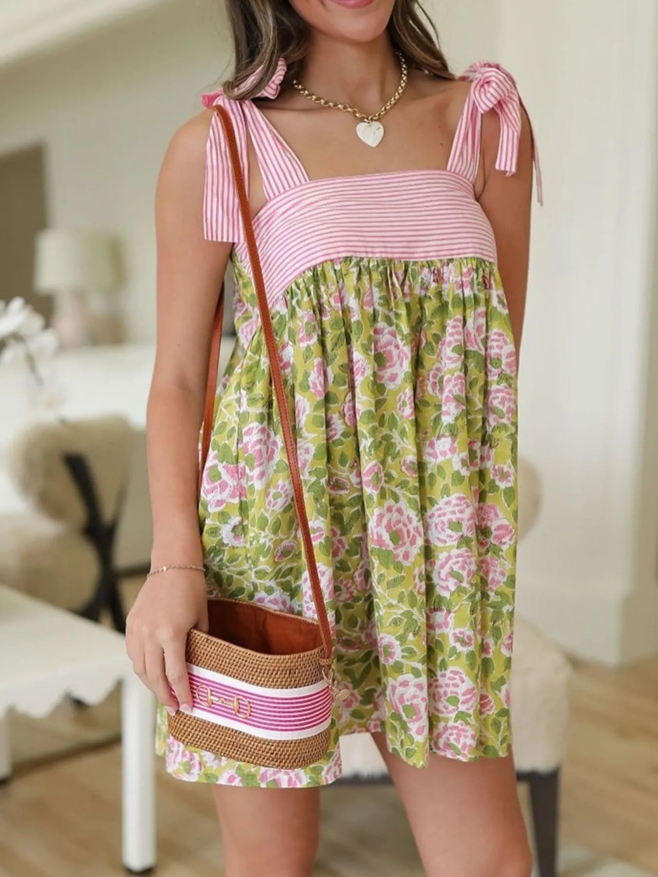 Trendsi Tie Shoulder Summer Dress pink striped bodice green floral skirt tie straps straw crossbody bag