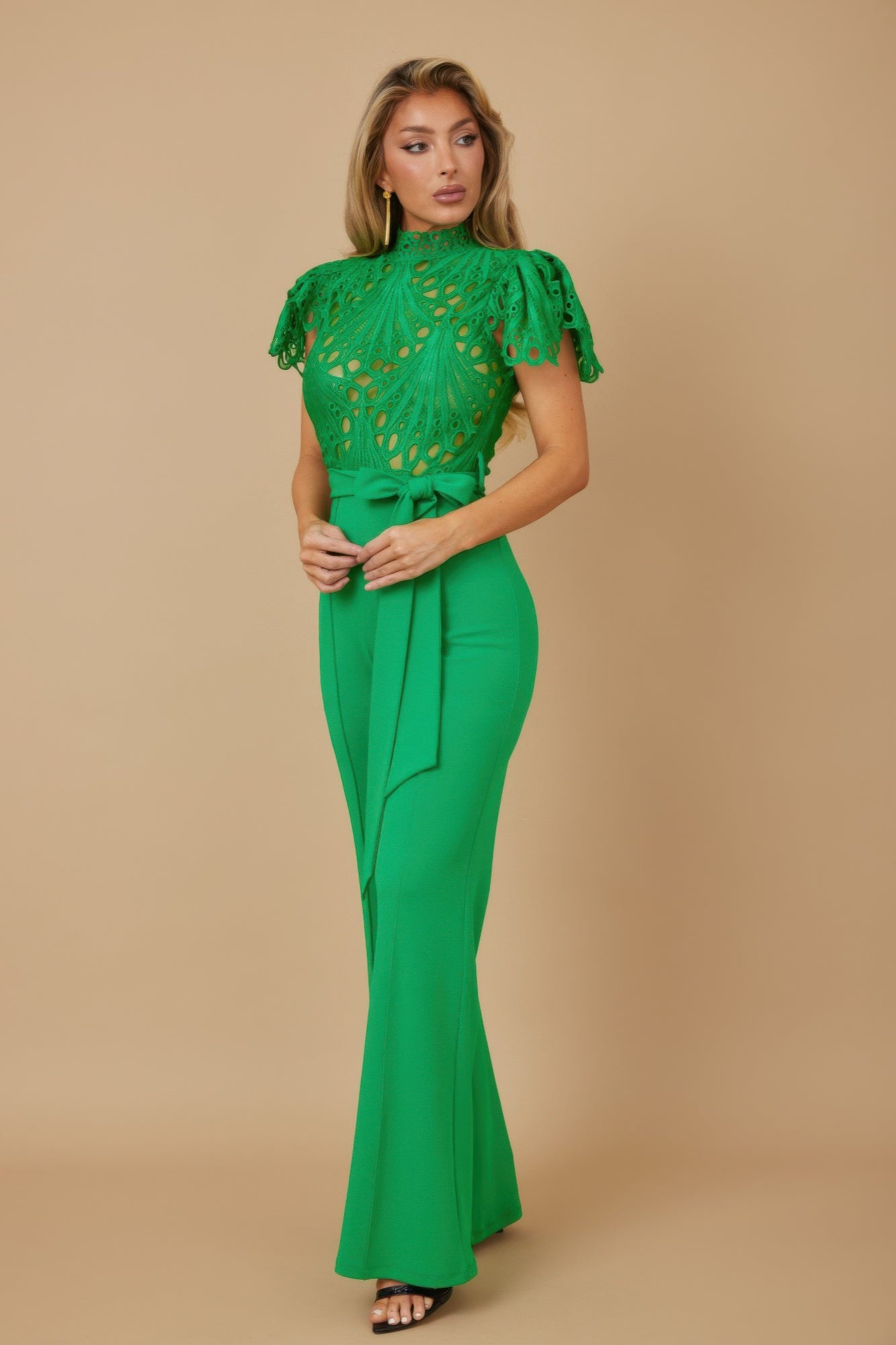 Green high neck crochet jumpsuit for women with fitted waist tie flared legs and short sleeves