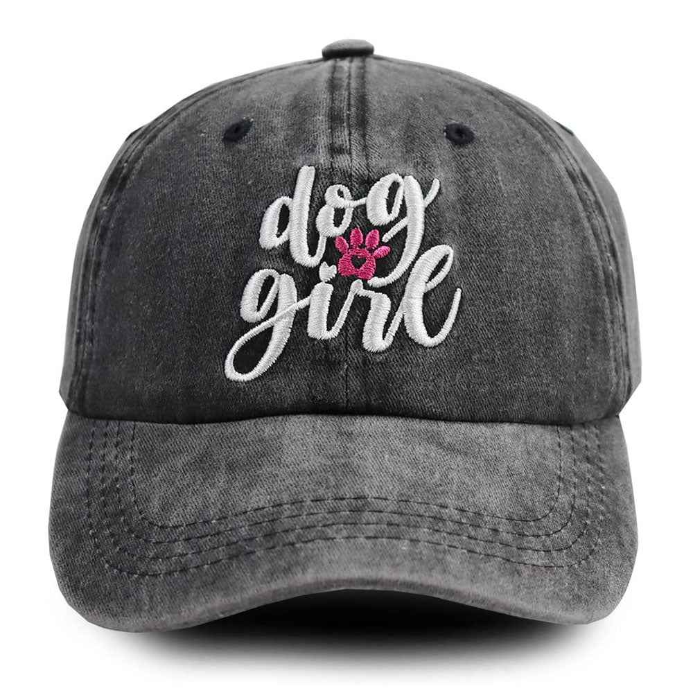 Dog Girl Embroidered Baseball Cap - Washed Dog Lovers Cotton Vintage Hat