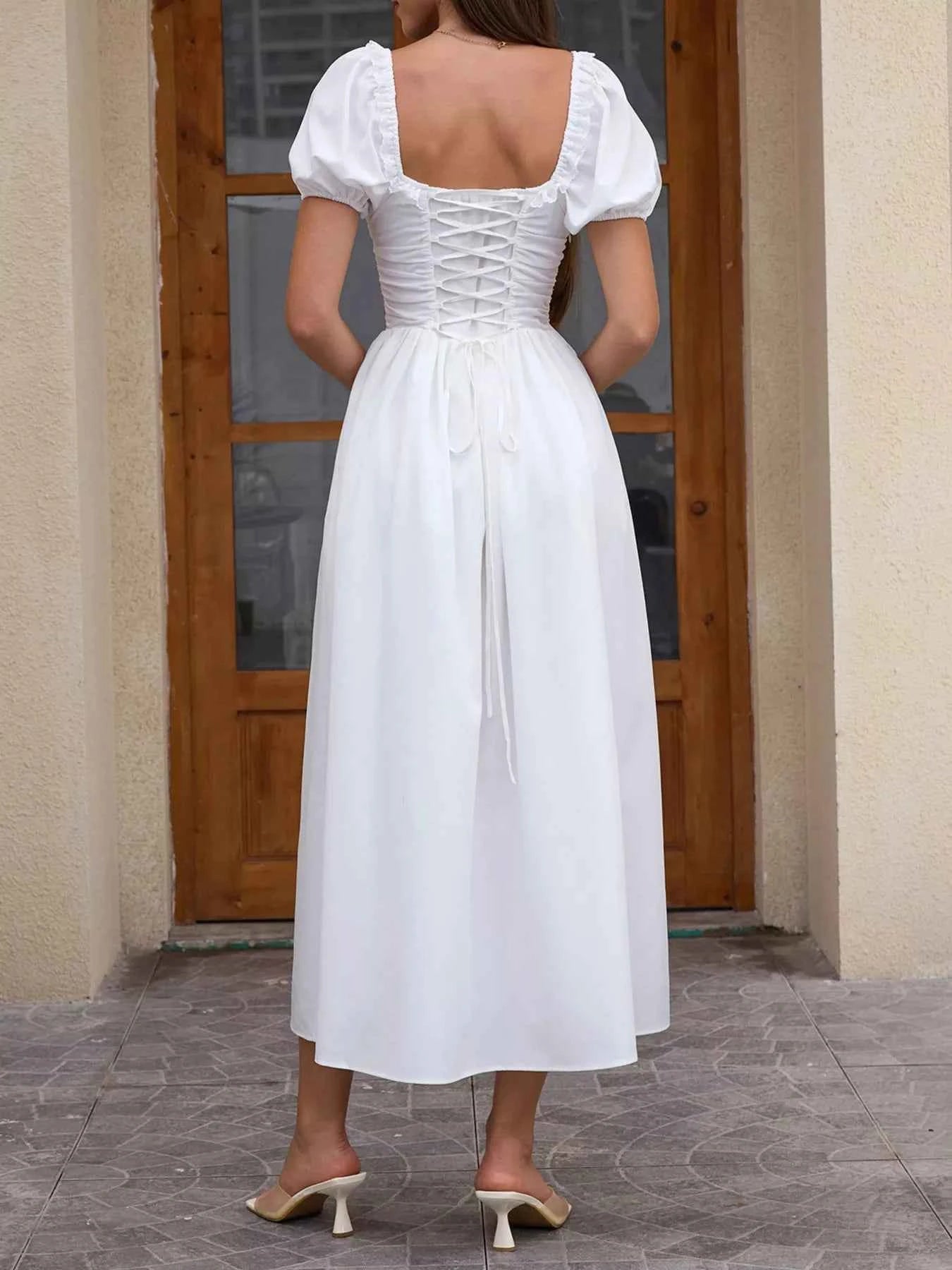 Sweetheart Neck Puff Sleeve Midi Dress
