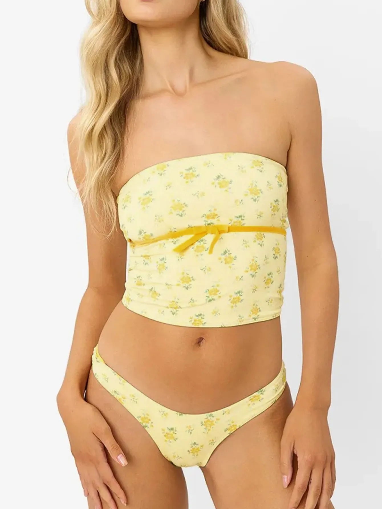 Trendsi Floral Yellow Bikini Set with Strapless Top and Low-rise Bottom for Summer Wear