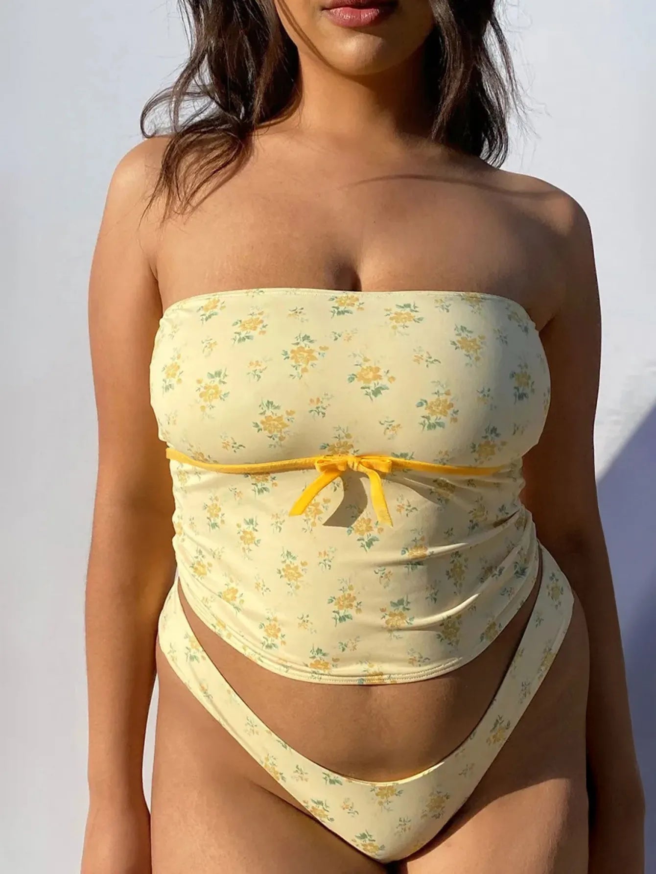 Trendsi Floral Bikini Set in Yellow with Strapless Top and Low-Rise Bottoms