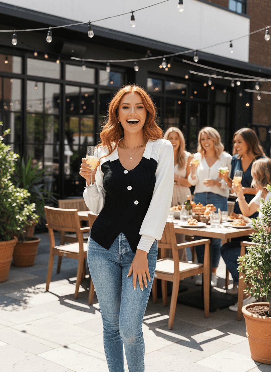 Color Block V-Neck Sweater - Chic Button Detail - Fashions Envy