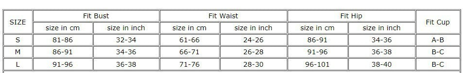 Size chart for Trendsi apparel showing fit bust waist hip and fit cup measurements in inches and centimeters