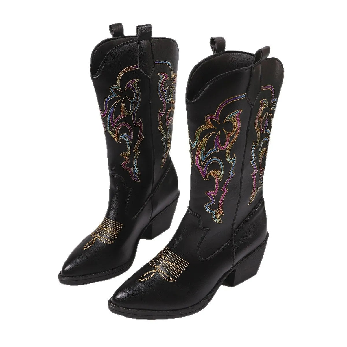 Trendsi black block heels boots with colorful embroidered floral design and pointed toe