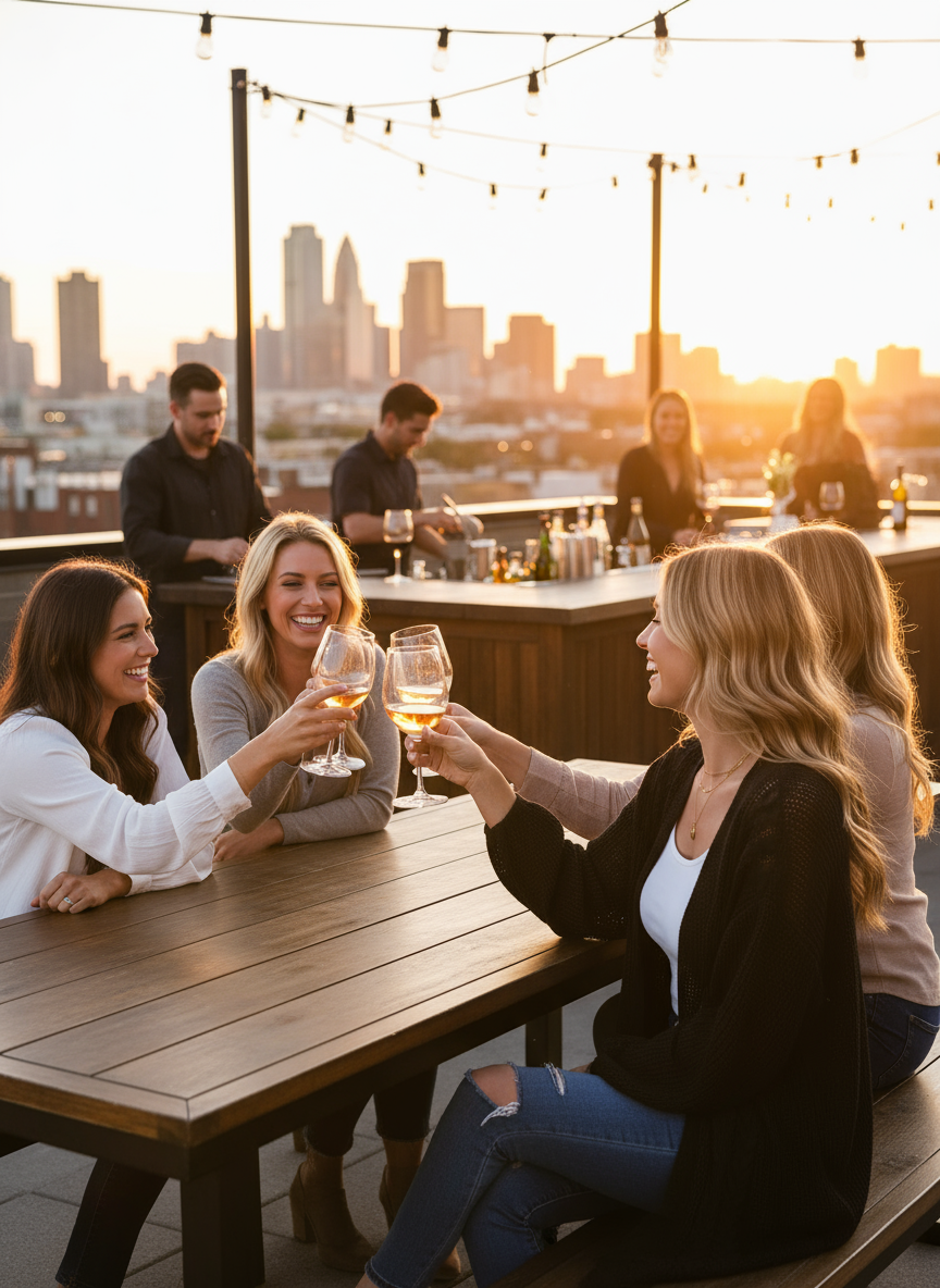 Black cable knit - blonde at rooftop bar with friends