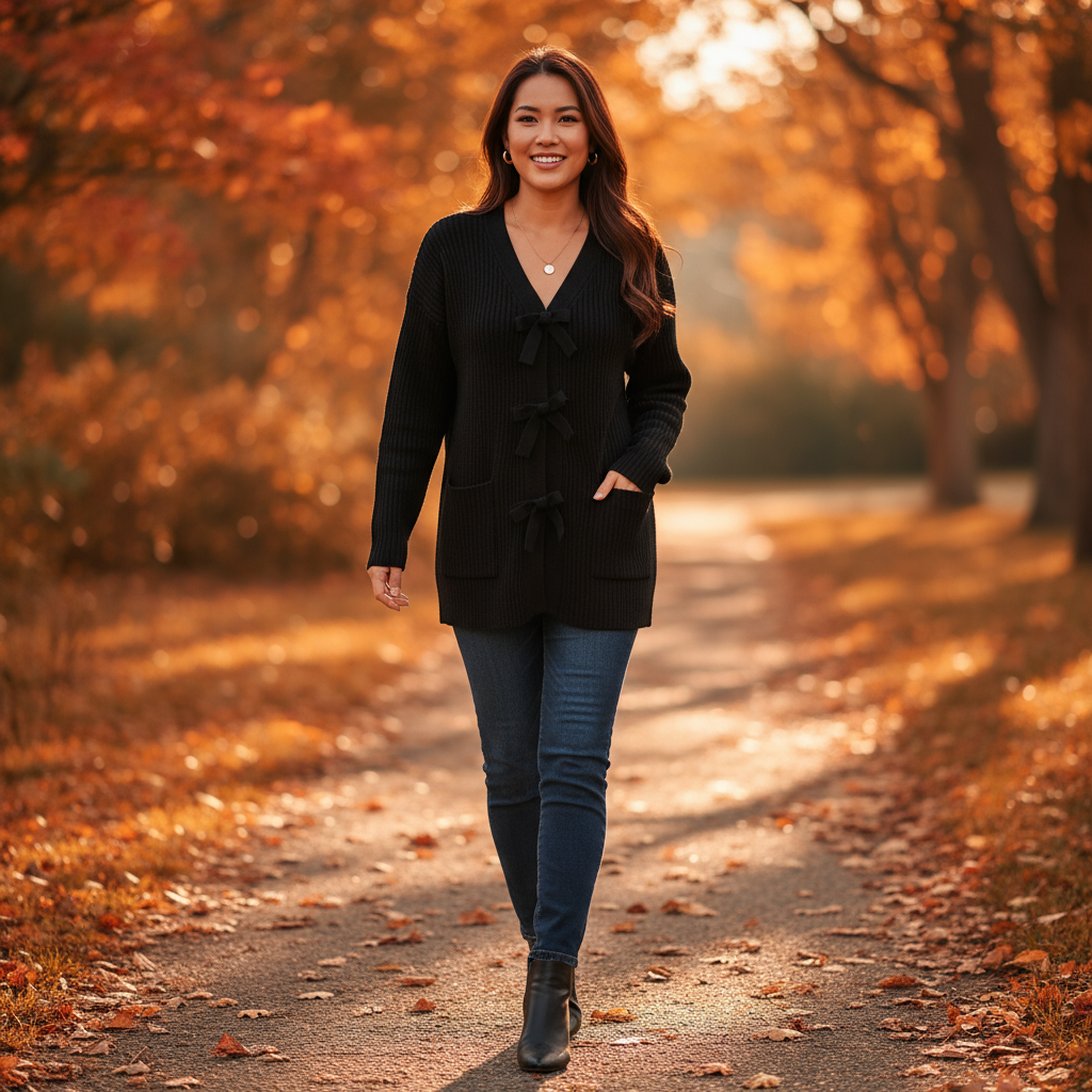 Black cardigan autumn park scene