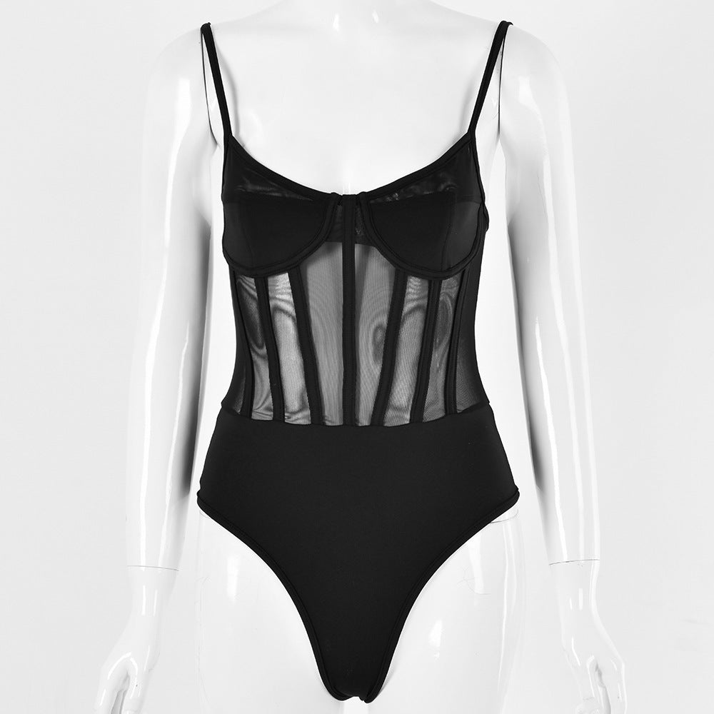 Trendsi black Corset Style Bodysuit with sheer mesh and adjustable straps on mannequin