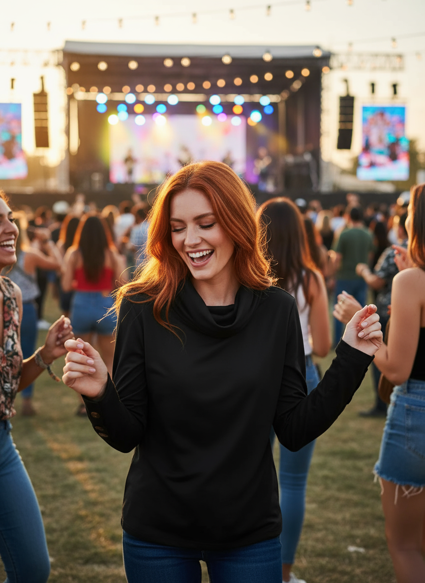 Black Cowl Neck Blouse Music Festival