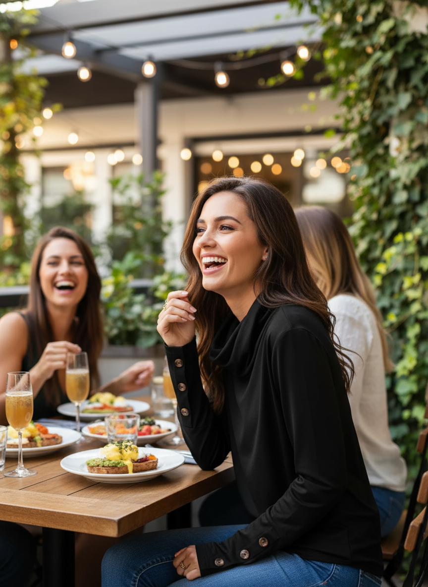 Black Cowl Neck Blouse Restaurant Patio Better View