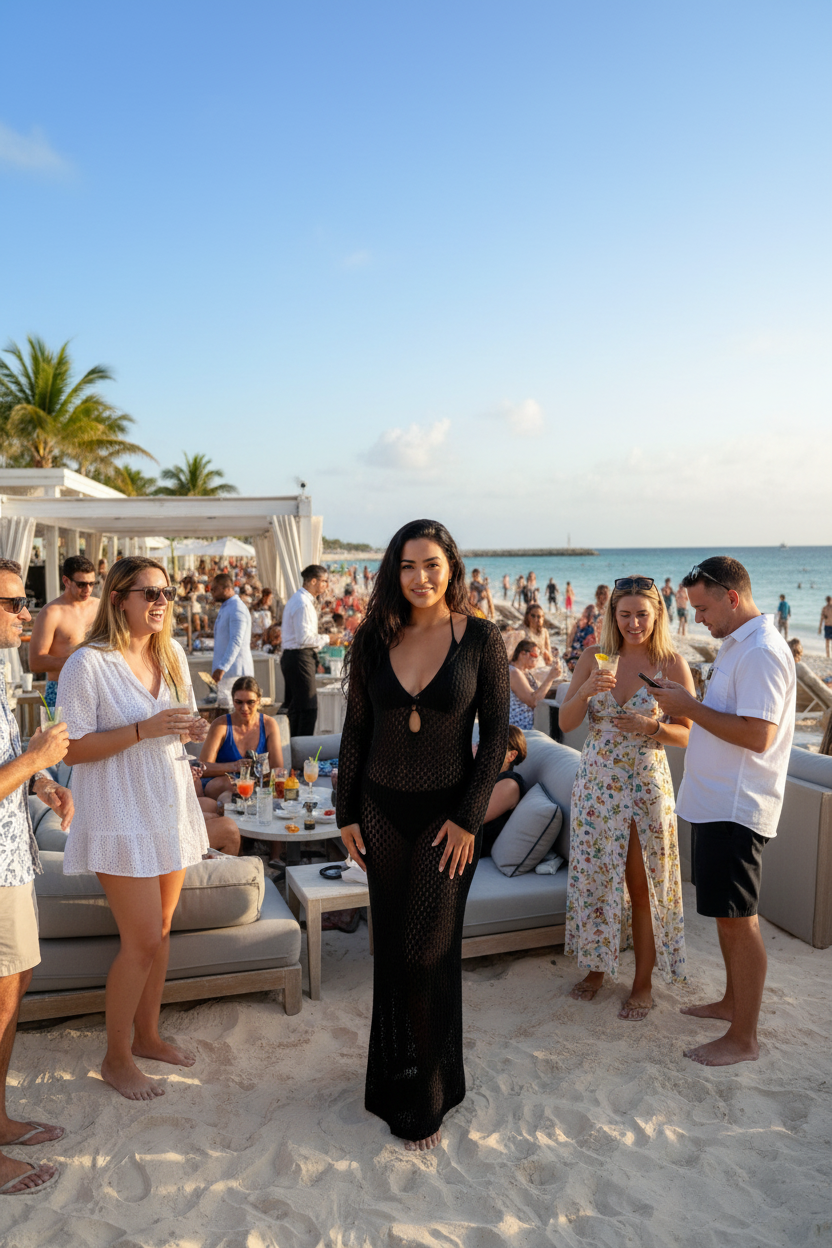 Black crochet maxi dress beachfront cafe lifestyle