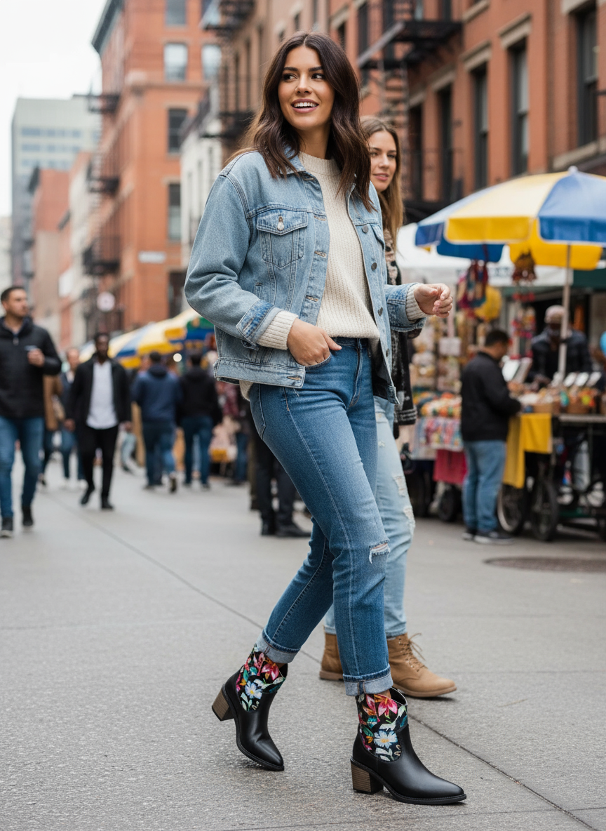 Black floral embroidered western boots - urban street lifestyle scene