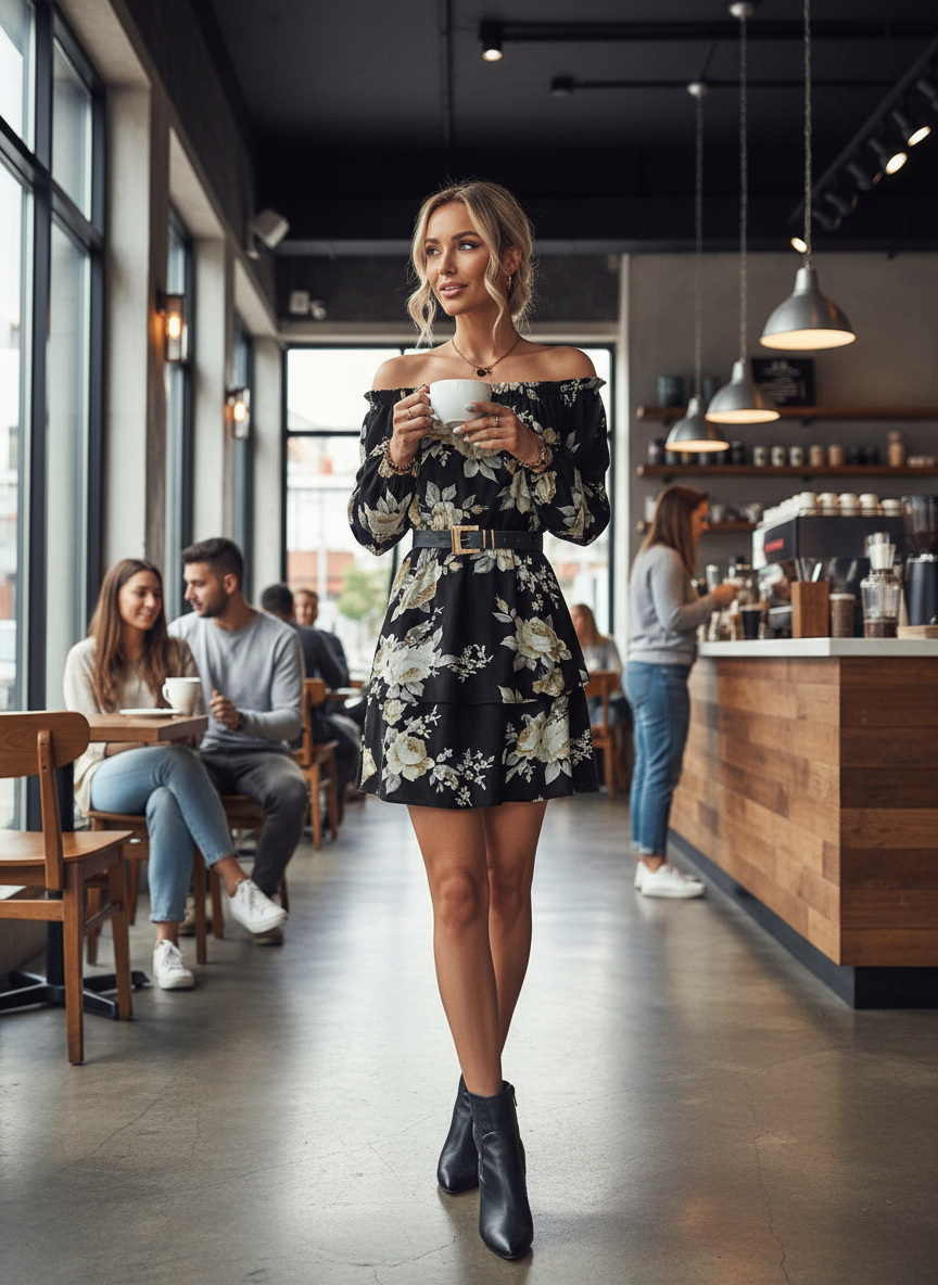 Black Floral Off-Shoulder Dress Coffee Shop