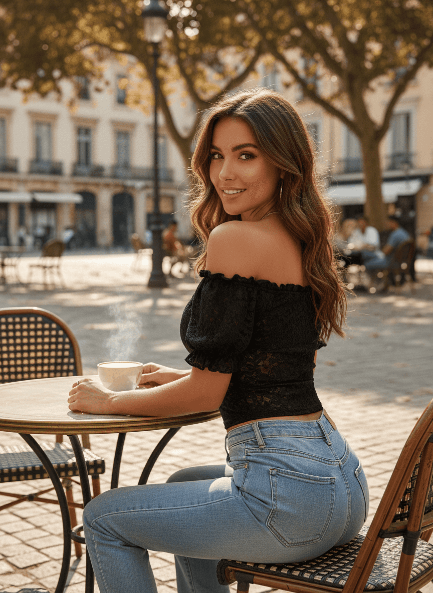 Stylish Lace Crop Top in Black worn with high-waisted jeans, perfect for casual outings and warm weather
