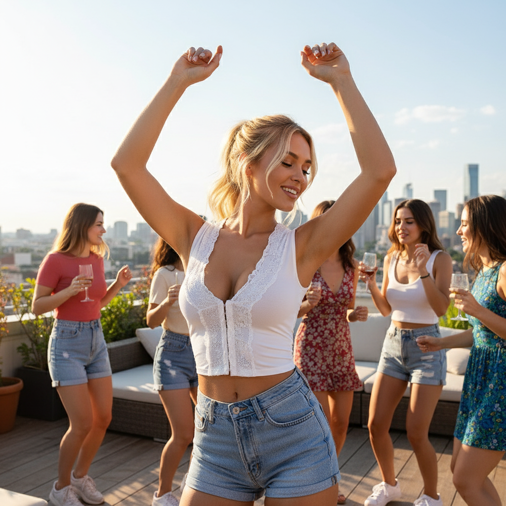 Black lace trim crop top lifestyle - rooftop party