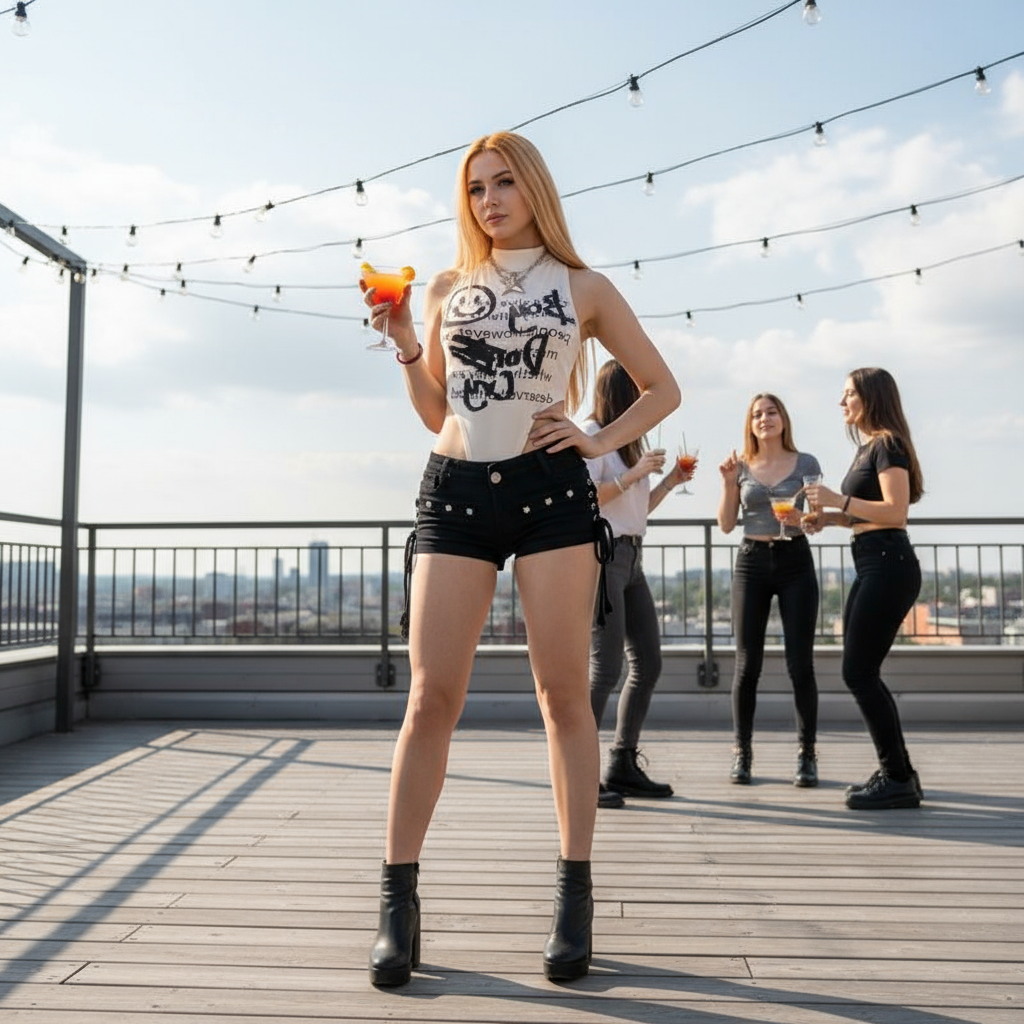 Black lace-up shorts redhead woman outdoor rooftop party