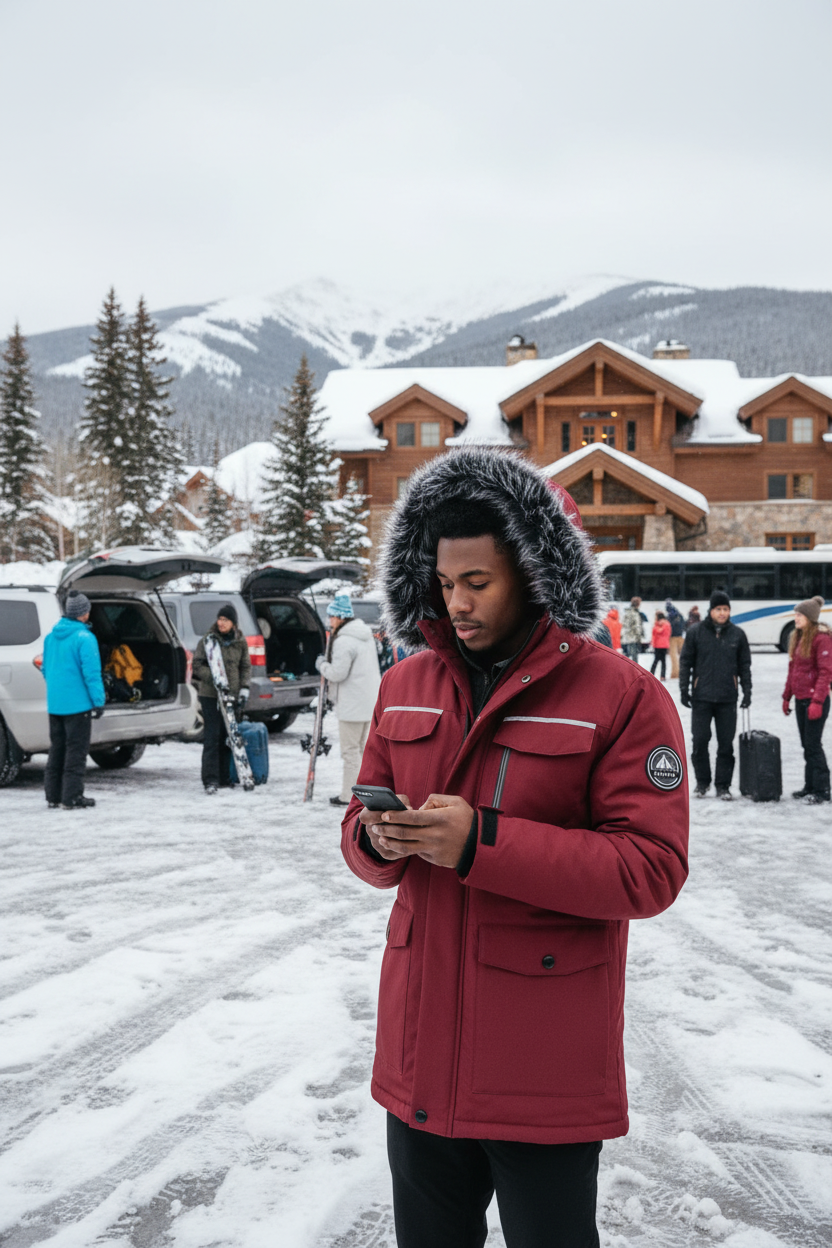 Black man at mountain lodge parking area wearing fur hooded parka coat