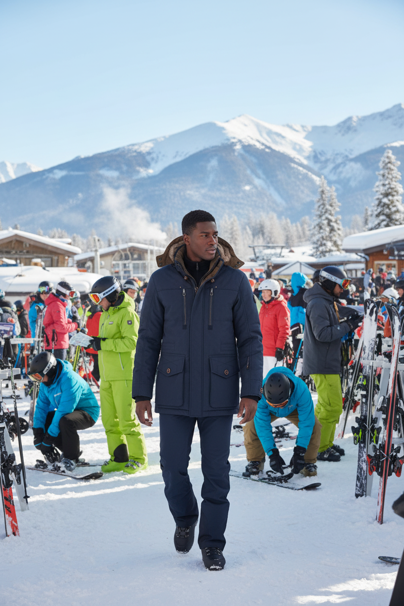 Black man at ski lodge wearing hooded parka coat properly
