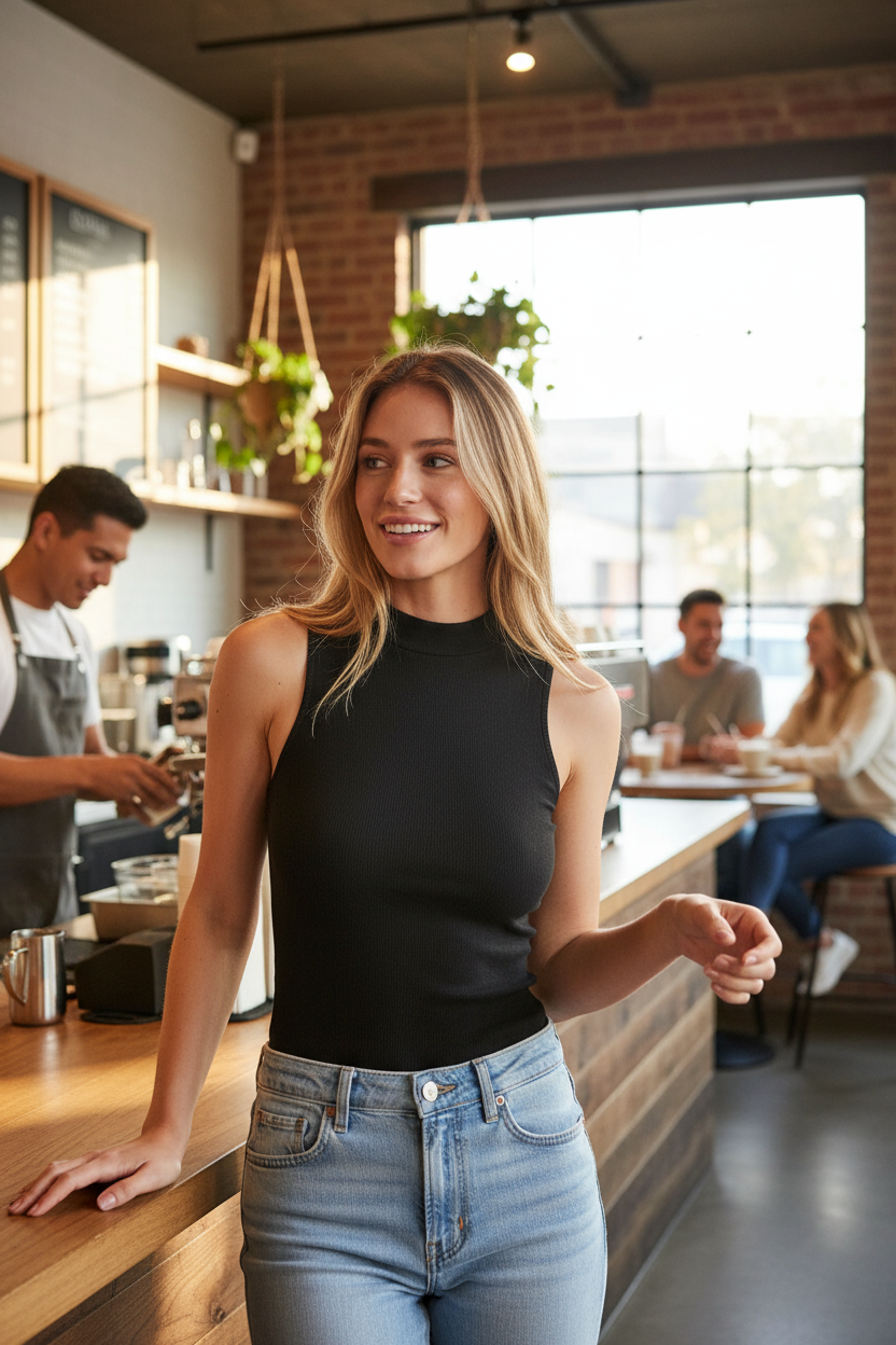 Black mock neck tank at coffee shop