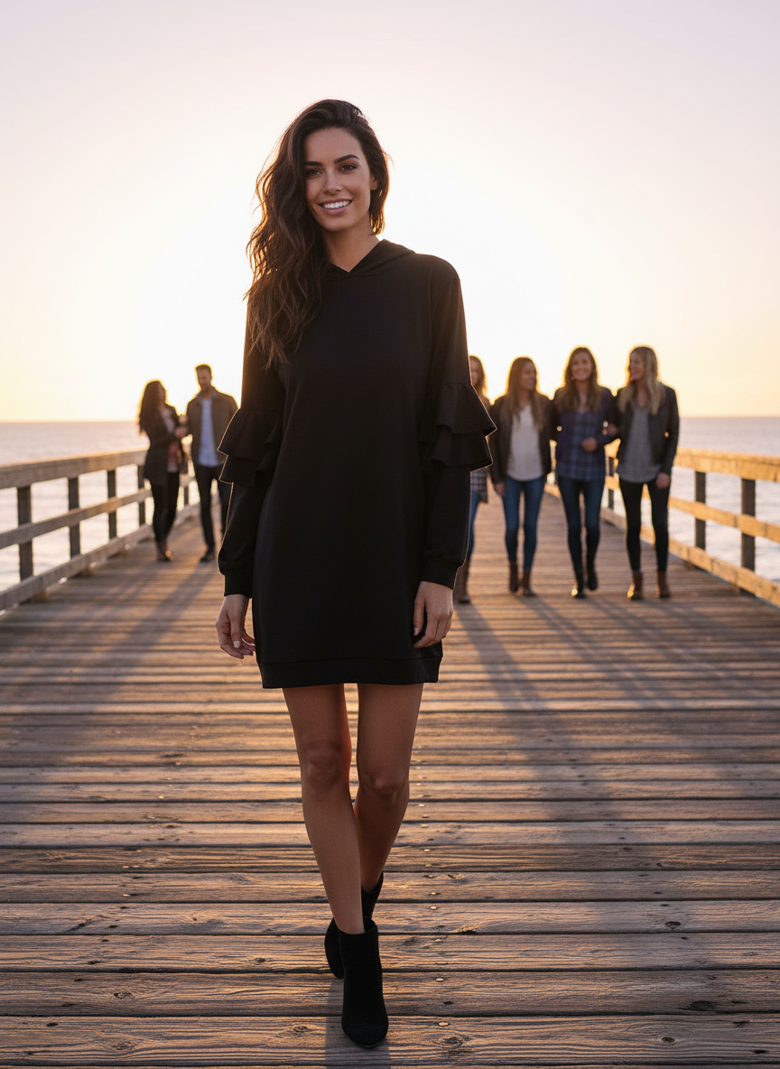 Black Ruffle Hooded Mini Dress Lifestyle 3