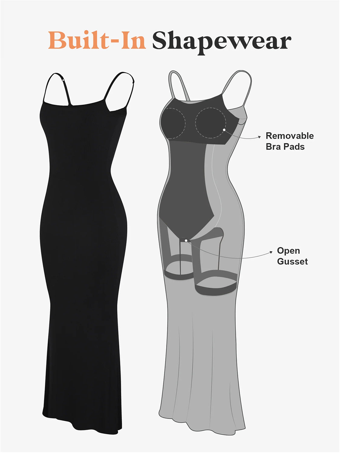 Black sleeveless bodycon dress for women with built-in shapewear featuring removable bra pads and open gusset