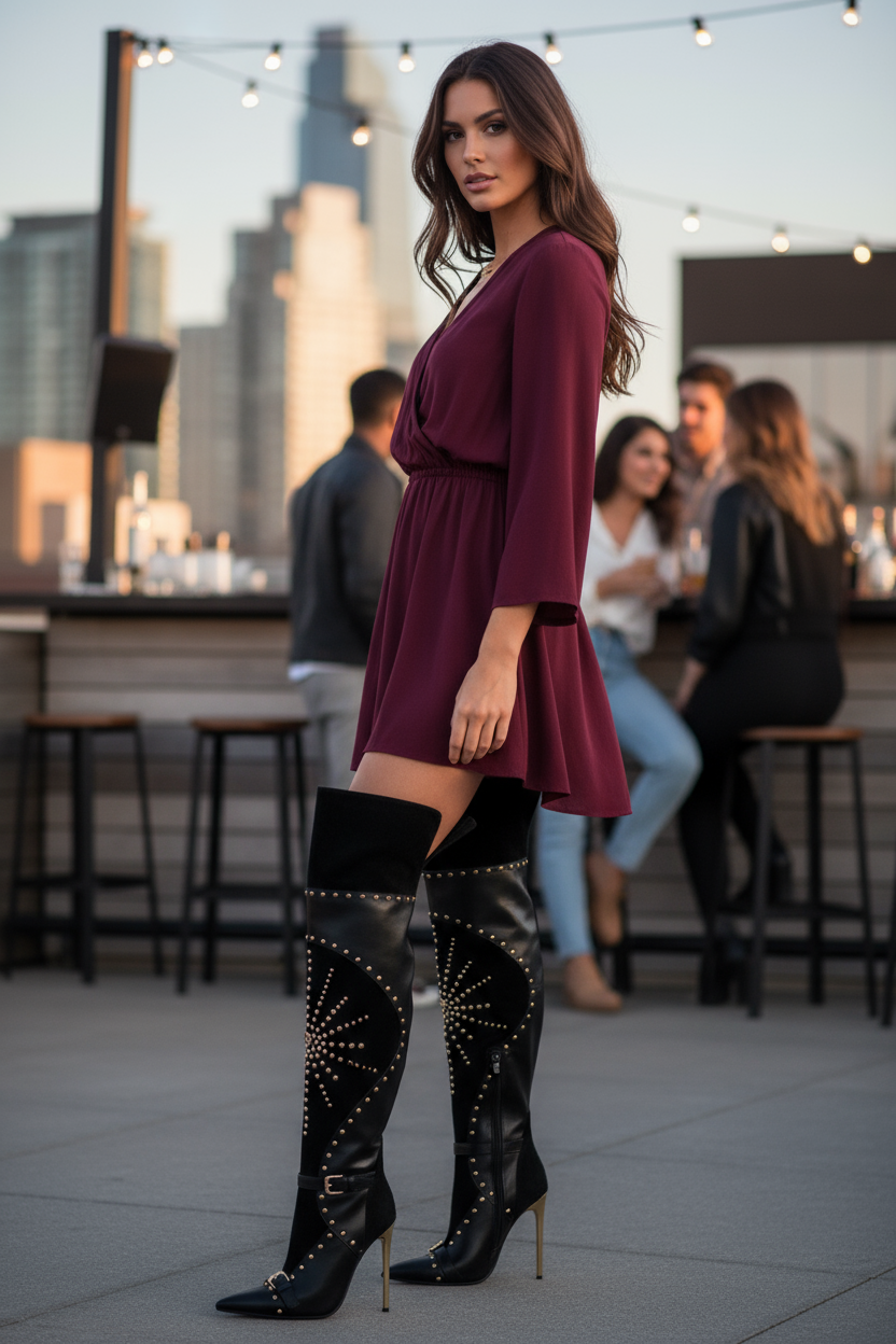 Black studded over-the-knee boots - brunette at rooftop bar