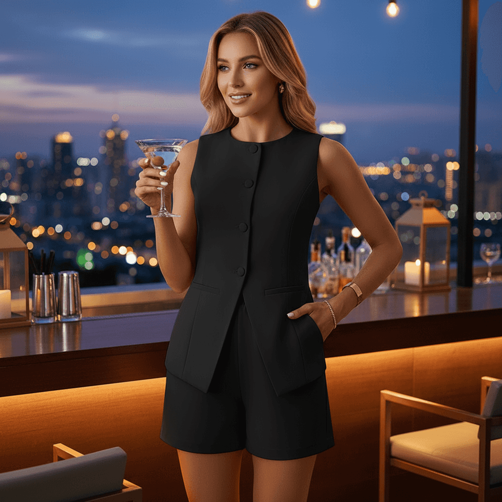 Two-Piece Vest & Shorts Set - Professional Button-Front - Fashions Envy