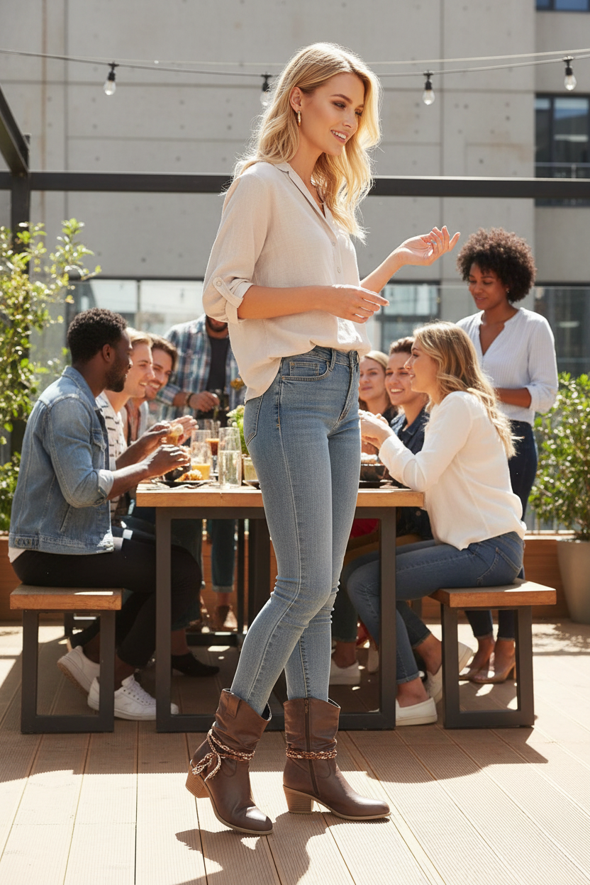 Block heel boots blonde fashion model bright cafe