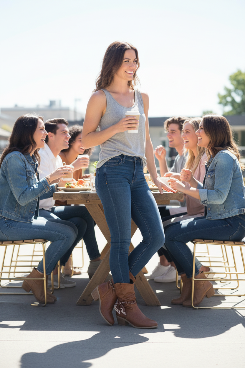 Block heel boots bright sunny cafe patio