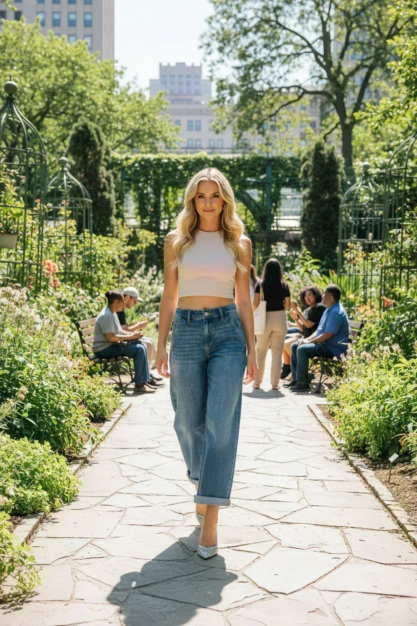 RISEN Barrel Jeans - Slouchy Cropped Cuffed Hem - Fashions Envy