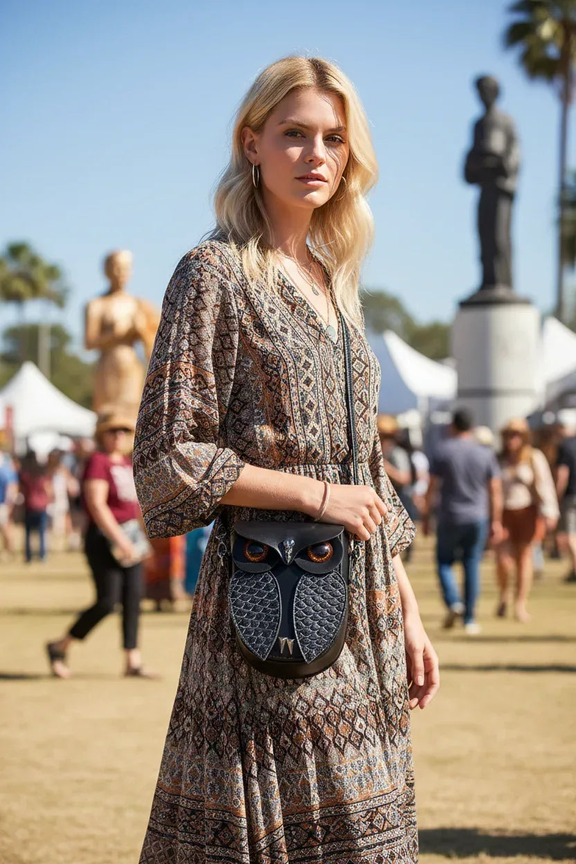 Owl Crossbody Bag - Black Leather Mini Design - Fashions Envy