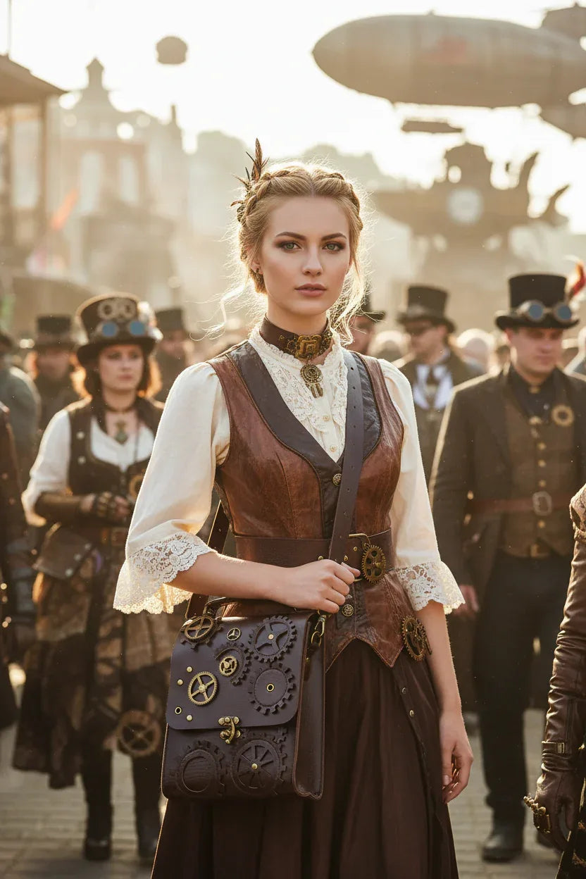 Blonde model with steampunk gear decorated crossbody bag - half body shot