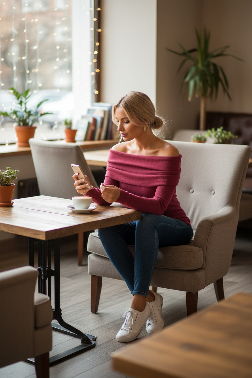 Blonde woman in coffee shop wearing off-shoulder sweater