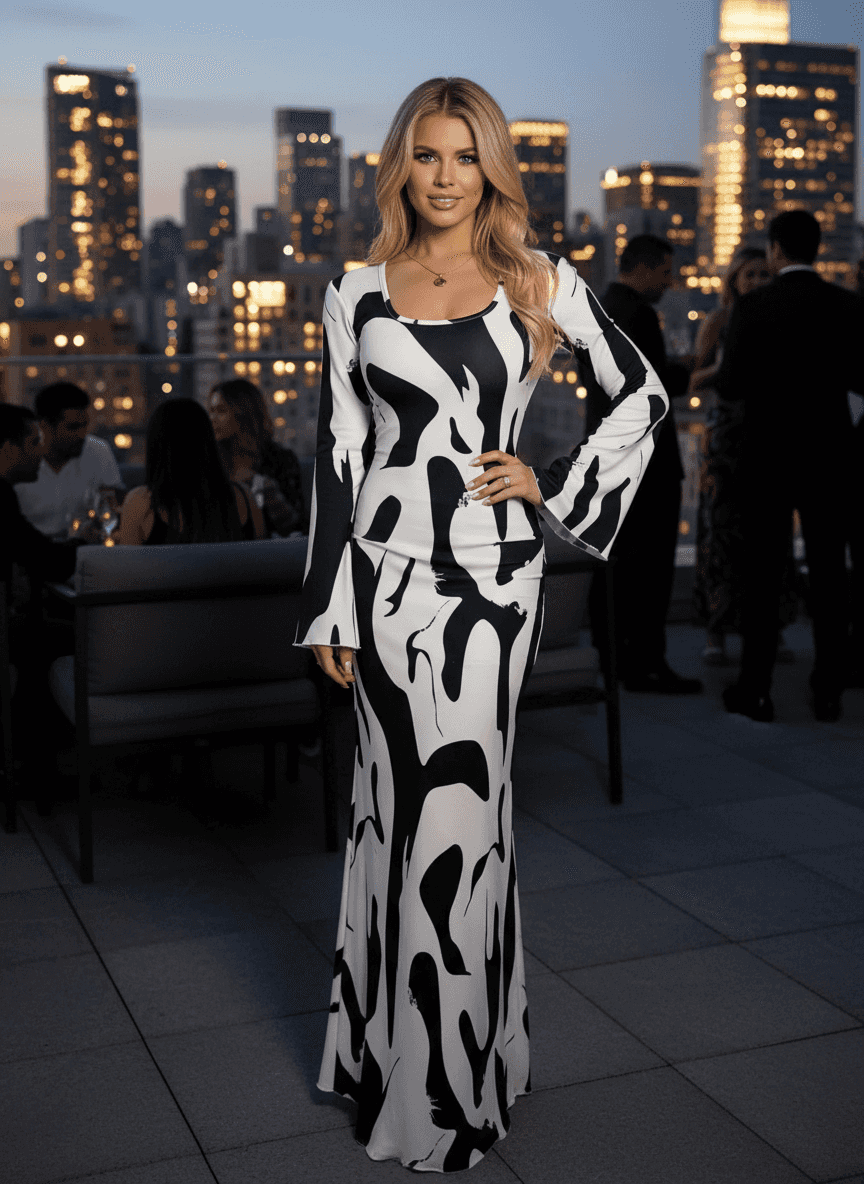 Abstract Print Maxi Dress - Long Sleeve Tie Back Style - Fashions Envy