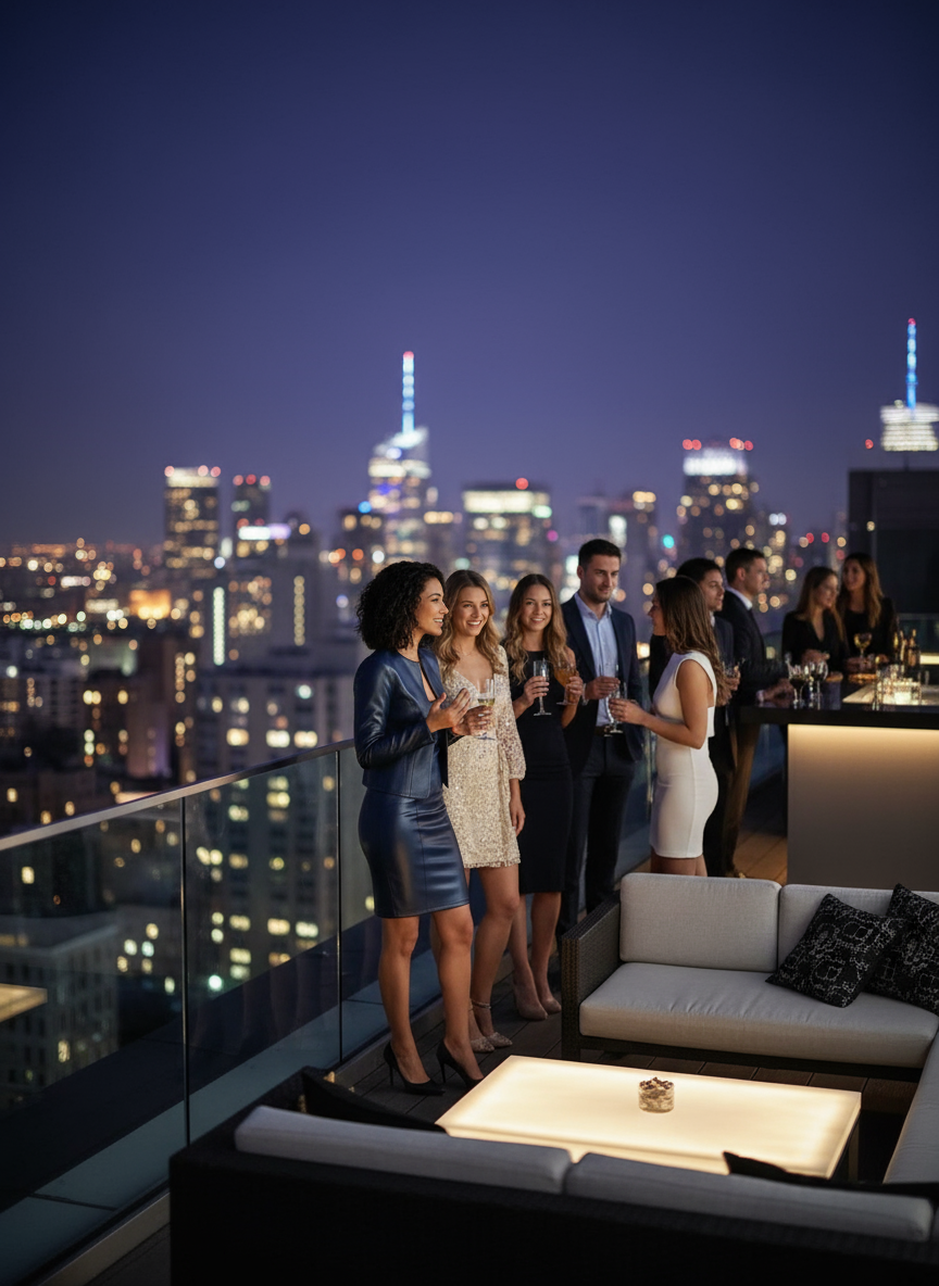 Blue - Brunette at upscale rooftop lounge