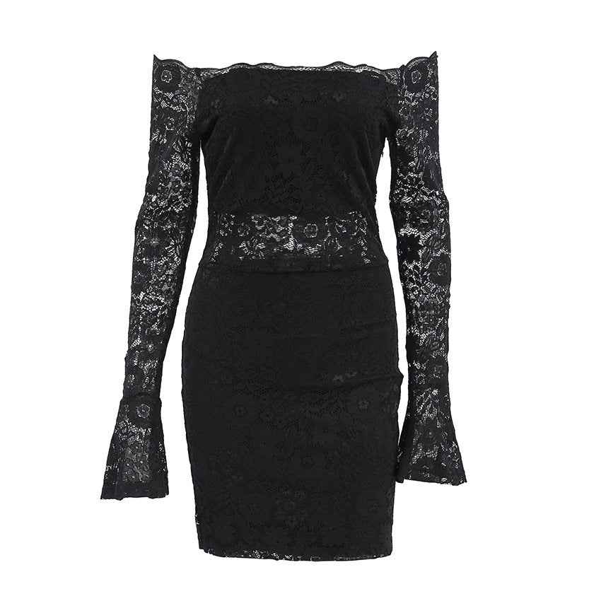 Elegant black bodycon mini dress with lace detailing and off-the-shoulder sleeves for a stylish look