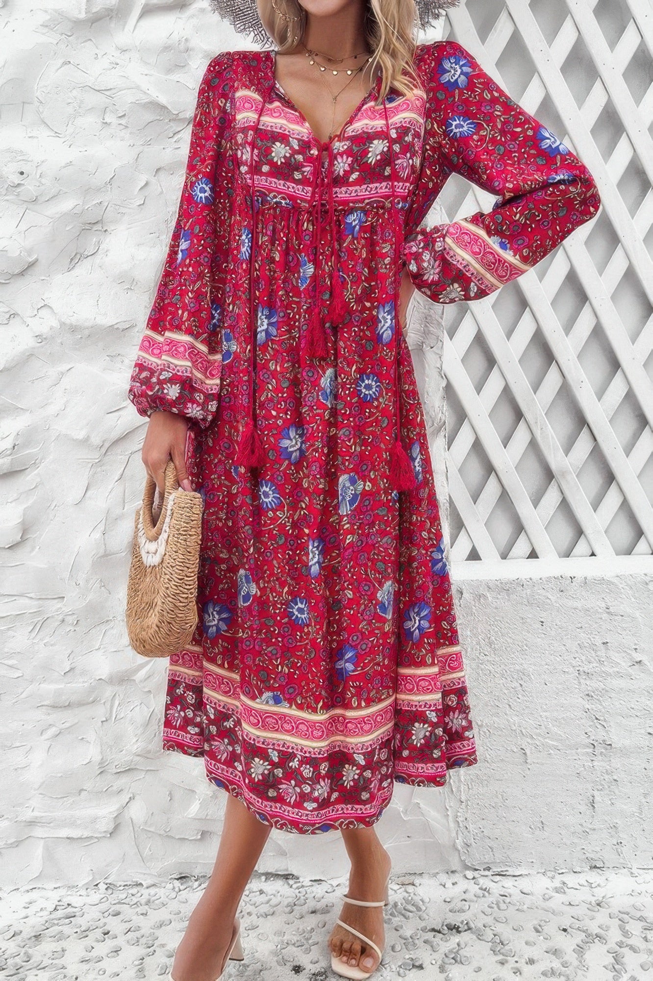 CCWHOLESALECLOTHING red boho midi floral print v neck dress with long balloon sleeves and tassel ties