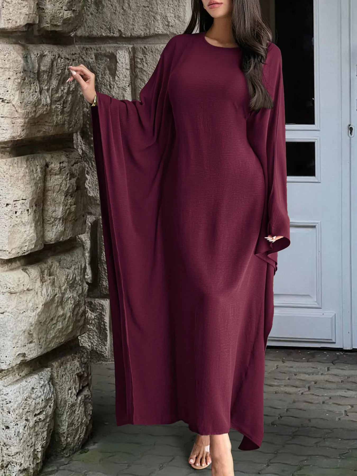 Trendsi bohemian maxi dress with cape sleeves burgundy full length relaxed fit round neckline