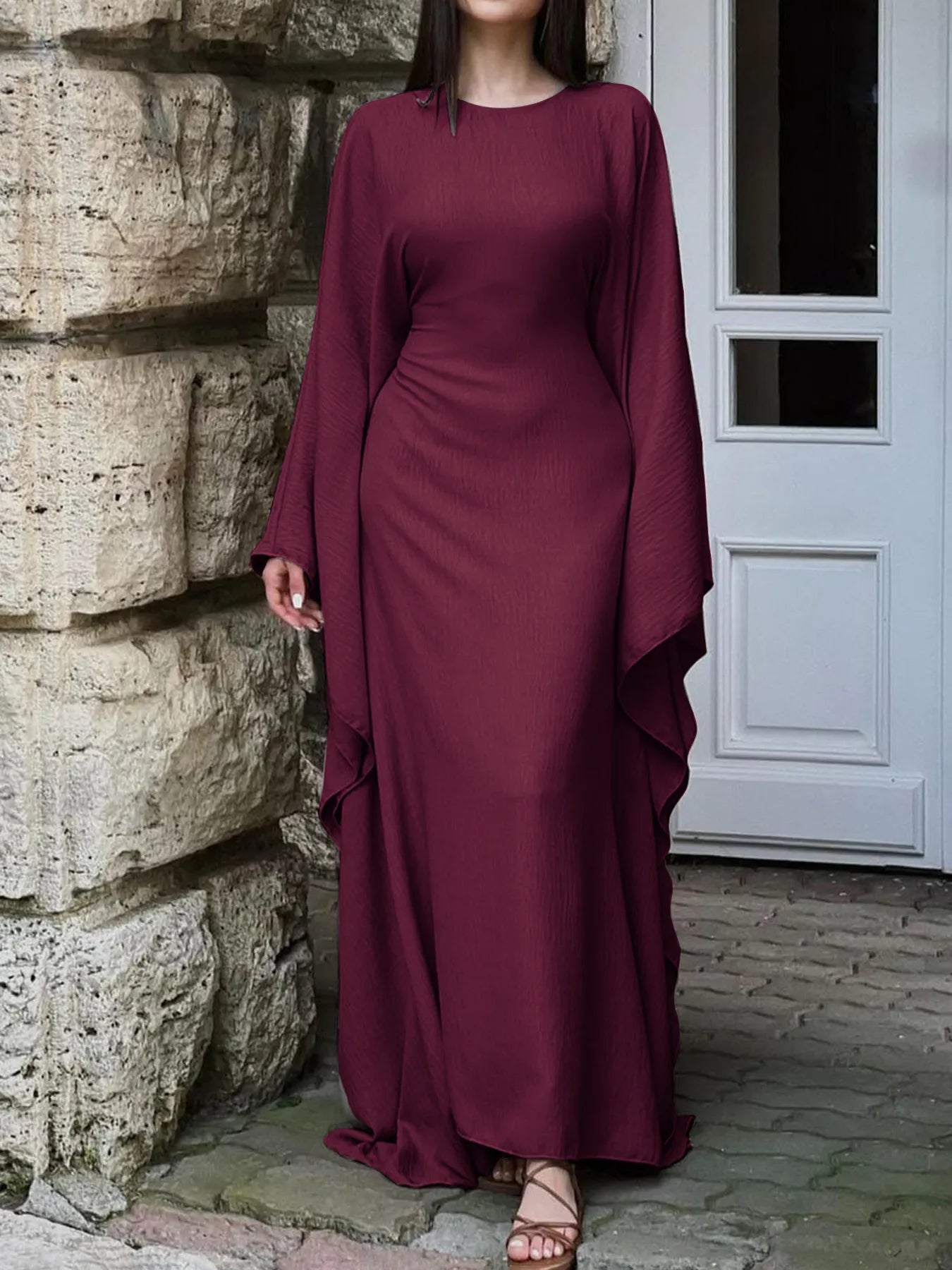 Trendsi bohemian maxi dress with cape sleeves burgundy floor length ribbed knit elegant evening wear