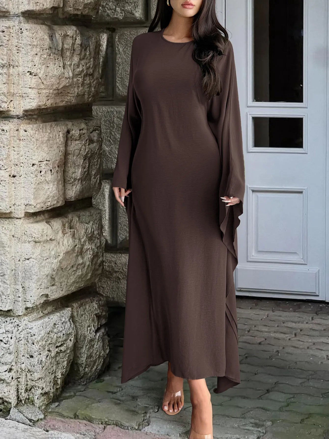 Trendsi bohemian maxi dress with cape sleeves brown full length casual modest style with round neck